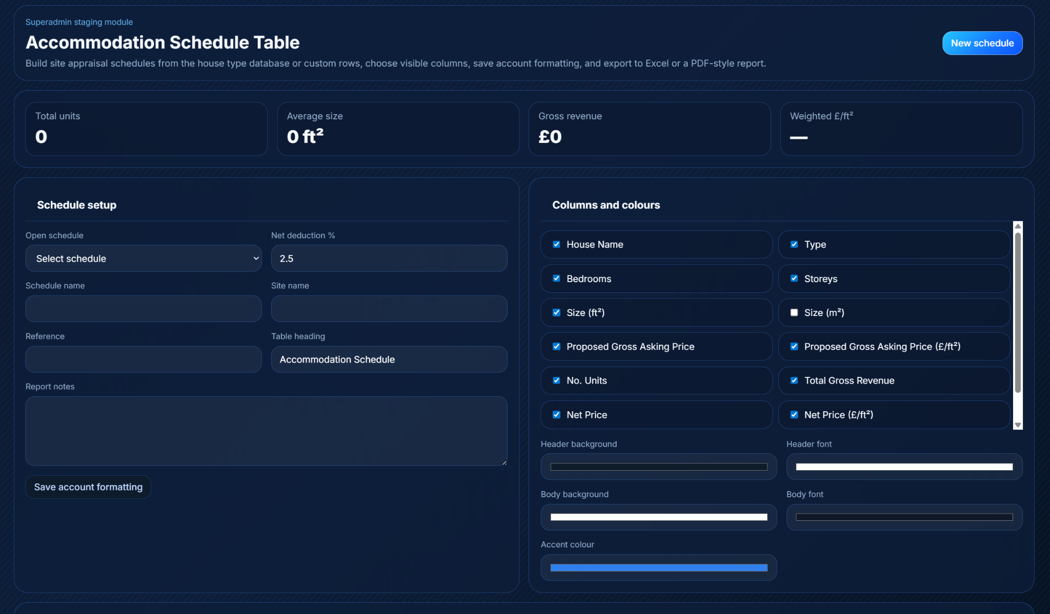 Accommodation schedule table screenshot
