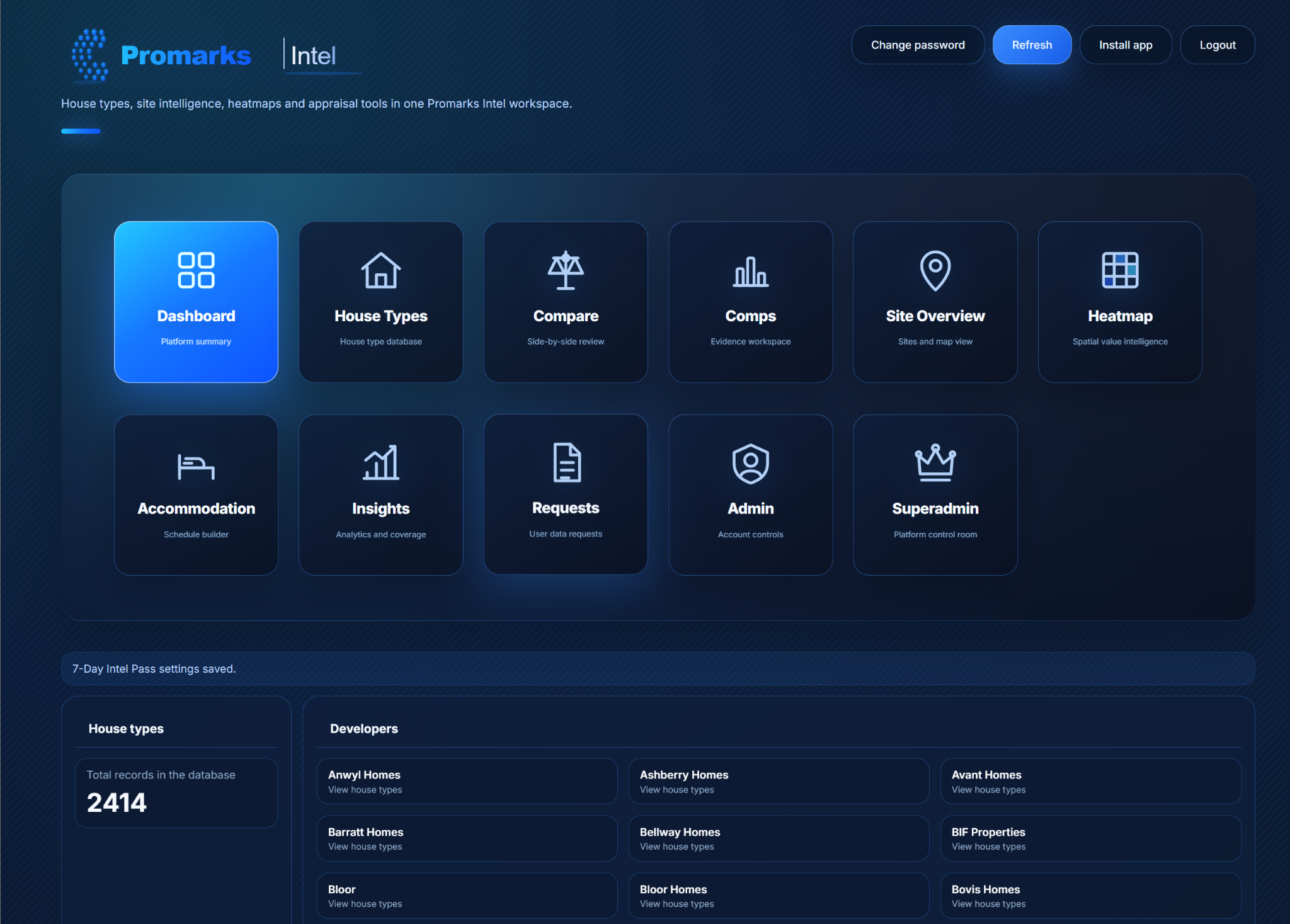 Promarks Intel dashboard menu screenshot