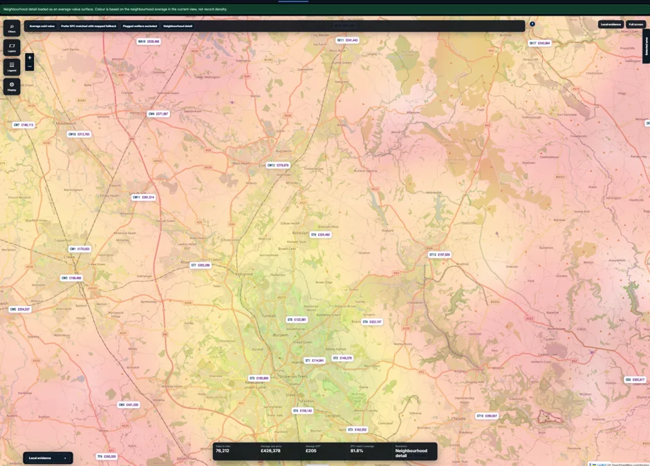 Promarks Intel Market Heatmap at neighbourhood detail with postcode value labels